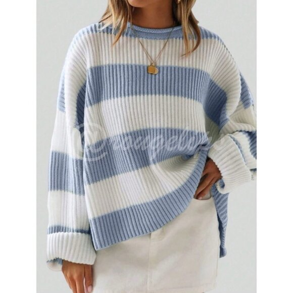 Women's Colorblock Striped Blue White Oversized Pullover Sweater - Picture 1 of 4